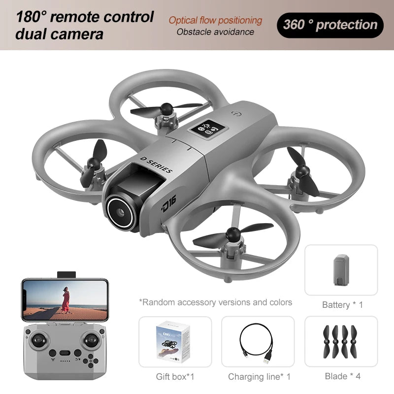 D16 Mini Drone 180° 8K Electric Adjustment HD RC Dual Camera Aerial Photography Quadcopter Five-sided Obstacle Avoidance Toys