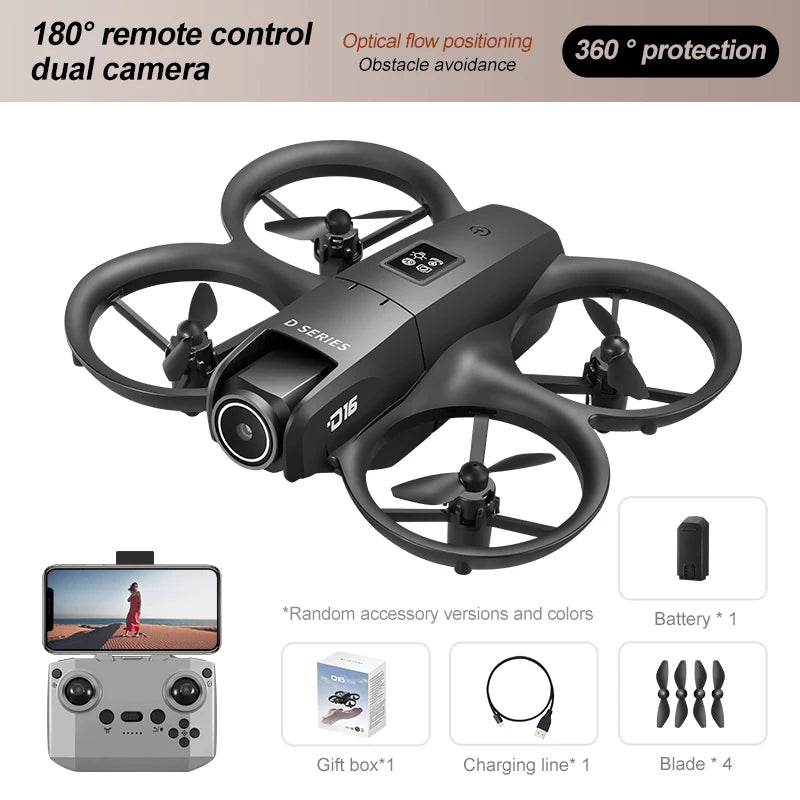 D16 Mini Drone 180° 8K Electric Adjustment HD RC Dual Camera Aerial Photography Quadcopter Five-sided Obstacle Avoidance Toys