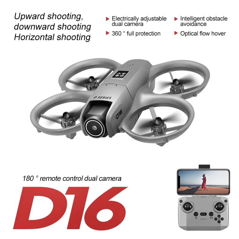 D16 Mini Drone 180° 8K Electric Adjustment HD RC Dual Camera Aerial Photography Quadcopter Five-sided Obstacle Avoidance Toys